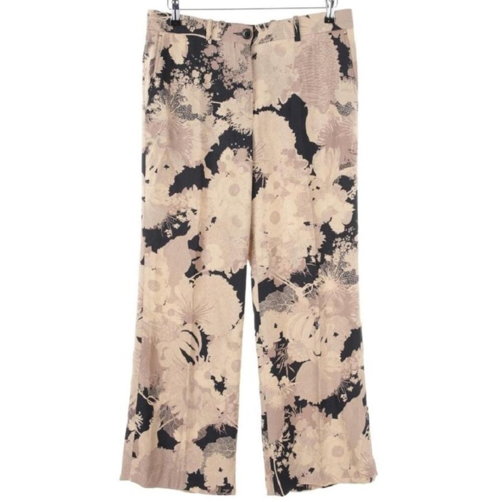 Dries Van Noten Floral Beige Black Pants Silk Wide Leg Cropped Size 36 | 4 US
